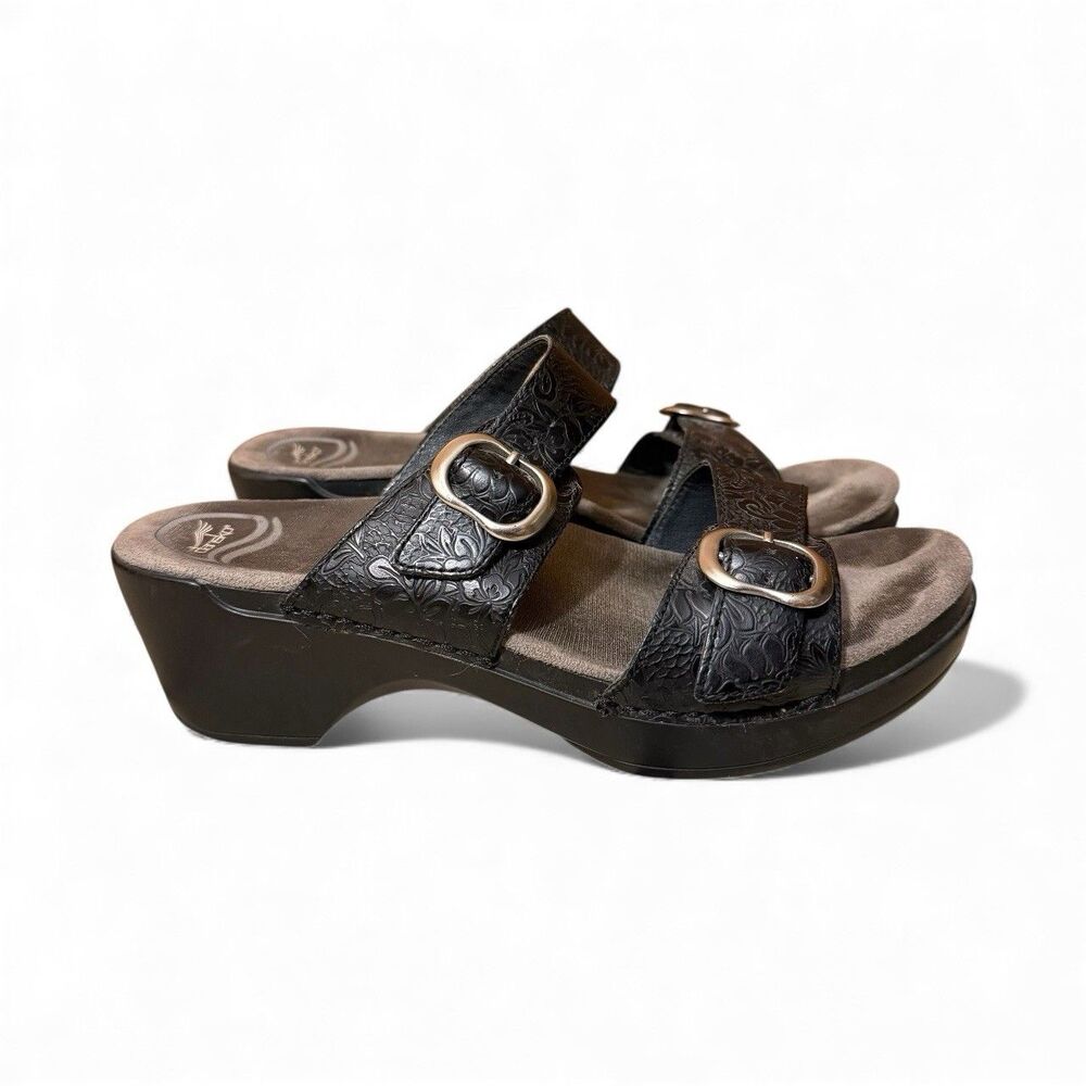 Dansko Sandals Womens Slide Black Leather Slip On Open Toe Block Heels Casual